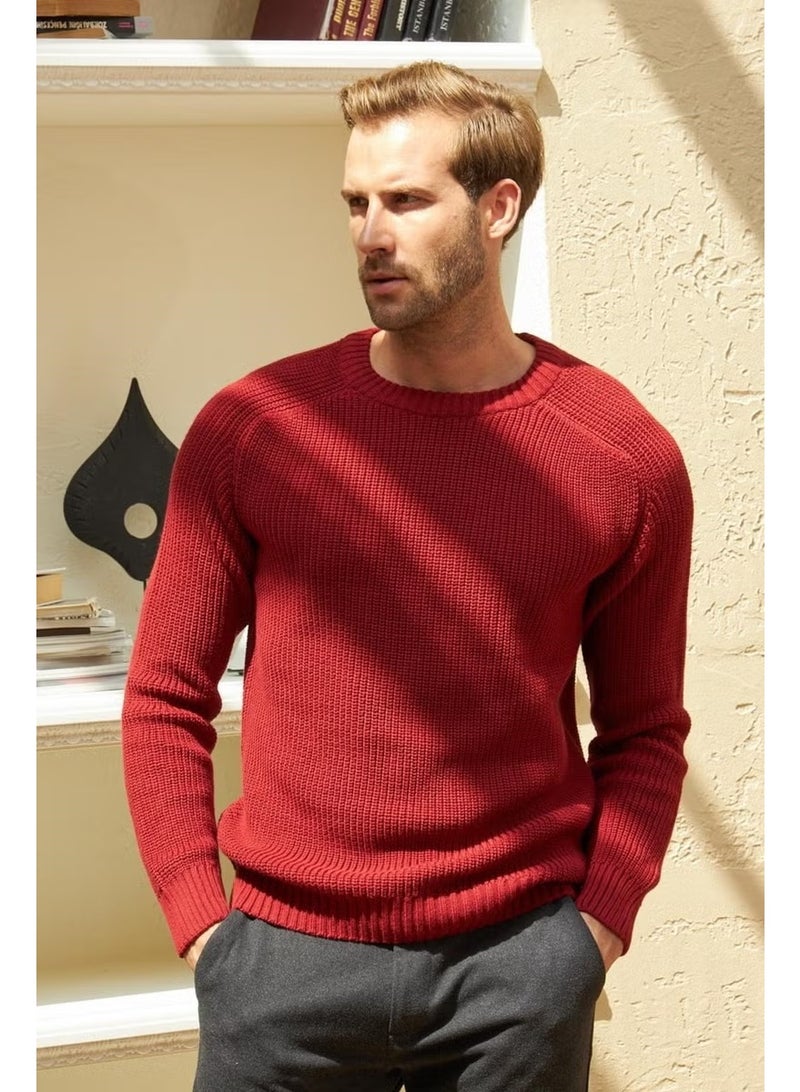 Odelon Crew Neck Selanik Knitted Cotton Men's Burgundy Knitwear Sweater - Image 1